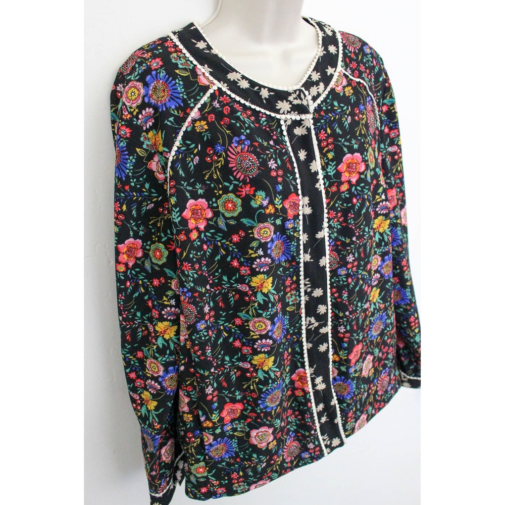 LOGO Lori Goldstein Jacket Large Black Floral Snap Buttons Long Sleeve Pockets - Picture 4 of 9